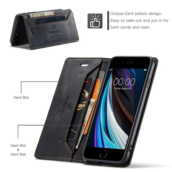 AUTSPACE A01 Series for iPhone 6/7/8/SE (2020)/SE (2022) PU Leather Case RFID Blocking Wallet Flip Stand Cover - Black - 4
