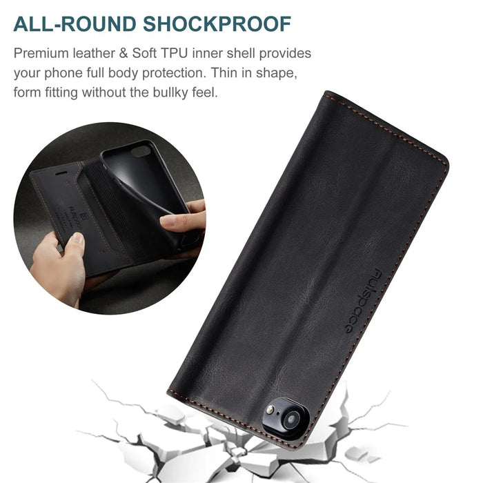 AUTSPACE A01 Series for iPhone 6/7/8/SE (2020)/SE (2022) PU Leather Case RFID Blocking Wallet Flip Stand Cover - Black - 6