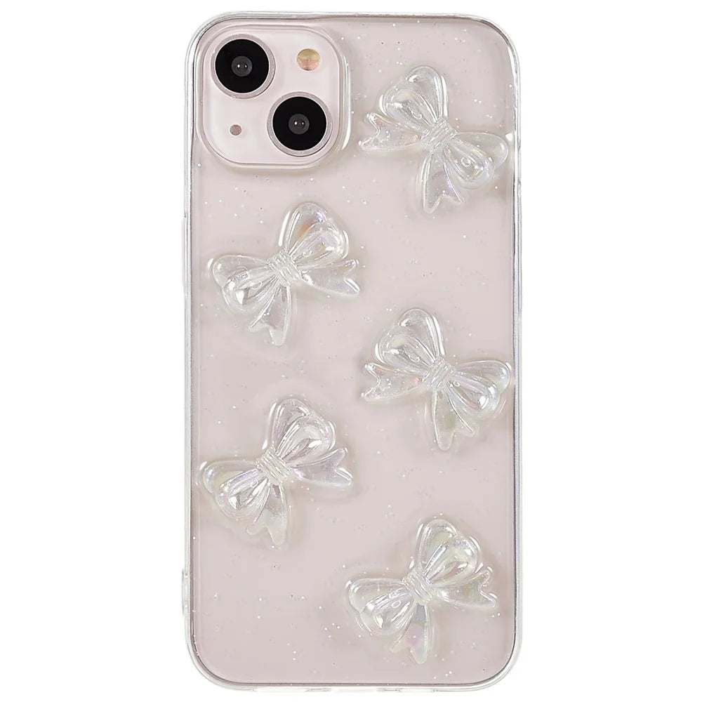 For iPhone 13 6.1 inch Anti-drop Epoxy TPU Phone Case, Artificial Pearls Decoration Transparent Phone Back Shell - Bowknots - 1