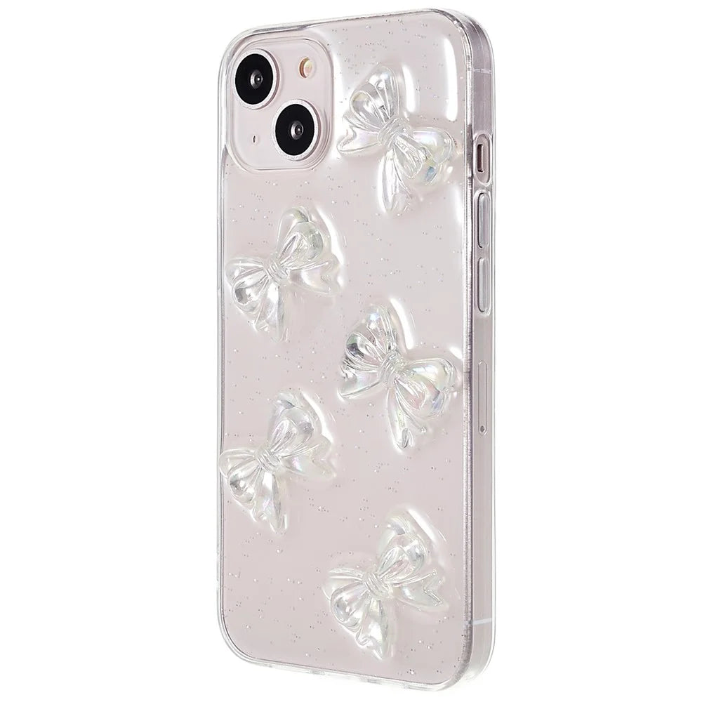 For iPhone 13 6.1 inch Anti-drop Epoxy TPU Phone Case, Artificial Pearls Decoration Transparent Phone Back Shell - Bowknots - 2