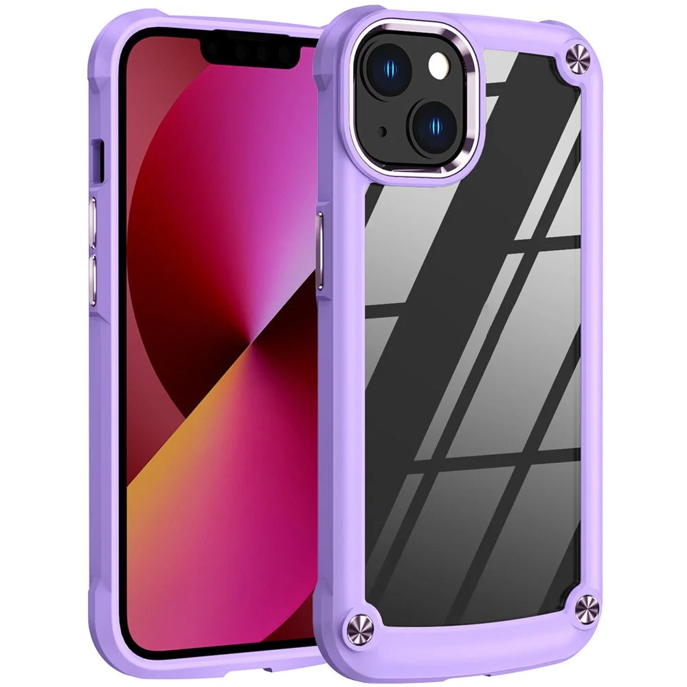 Aluminum Camera Protective Cover Phone Case for iPhone 13 6.1 inch, Four Corner Cushions PC+TPU Hybrid Transparent Phone Cover Case - Purple/Purple - 1