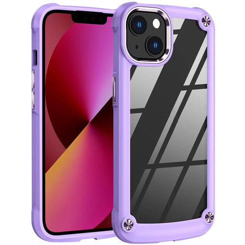Aluminum Camera Protective Cover Phone Case for iPhone 13 6.1 inch, Four Corner Cushions PC+TPU Hybrid Transparent Phone Cover Case - Purple/Purple - 1