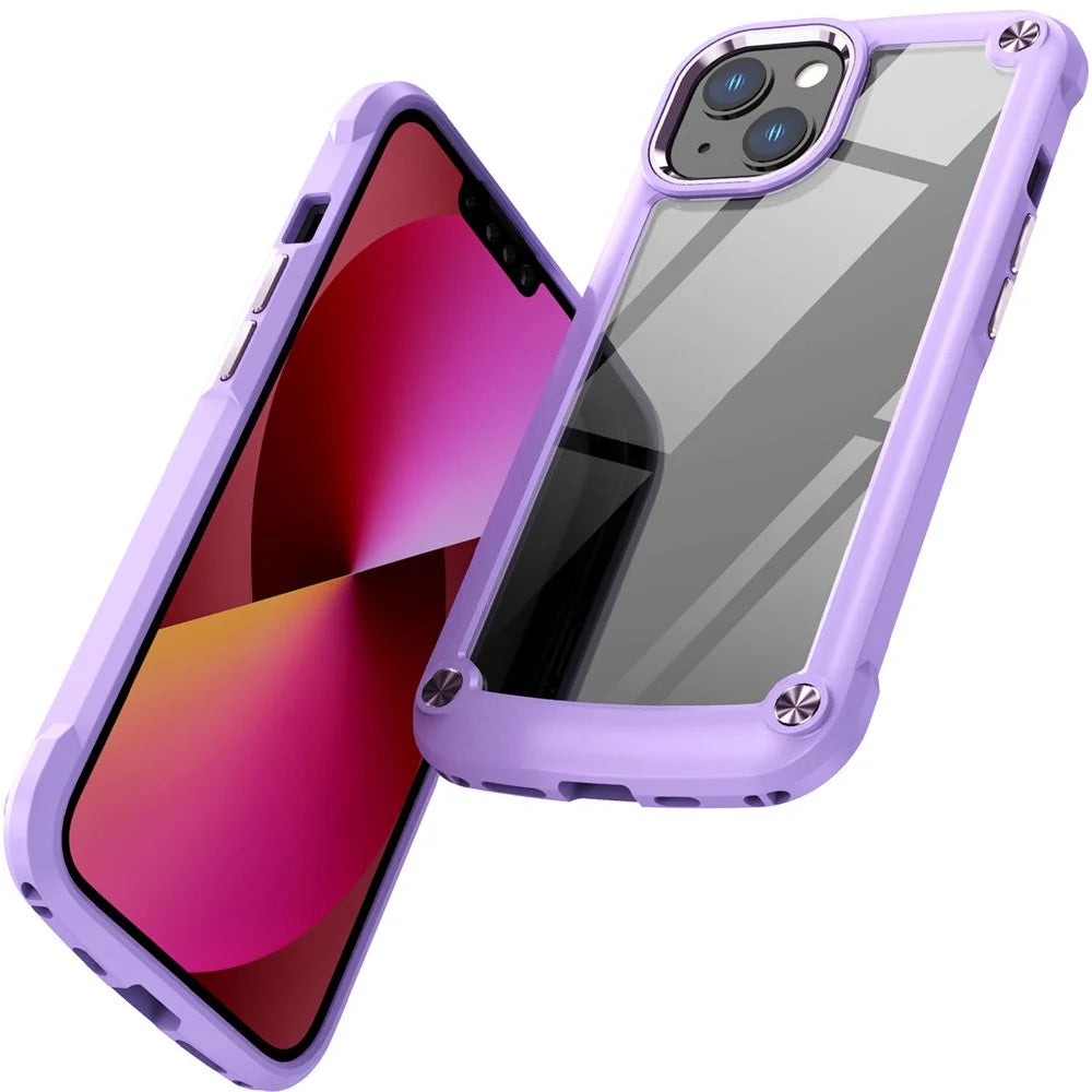 Aluminum Camera Protective Cover Phone Case for iPhone 13 6.1 inch, Four Corner Cushions PC+TPU Hybrid Transparent Phone Cover Case - Purple/Purple - 2