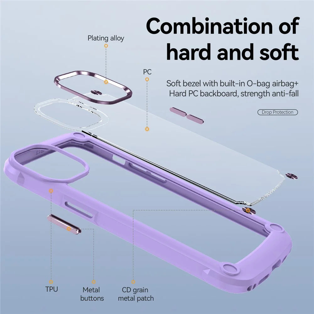 Aluminum Camera Protective Cover Phone Case for iPhone 13 6.1 inch, Four Corner Cushions PC+TPU Hybrid Transparent Phone Cover Case - Purple/Purple - 3