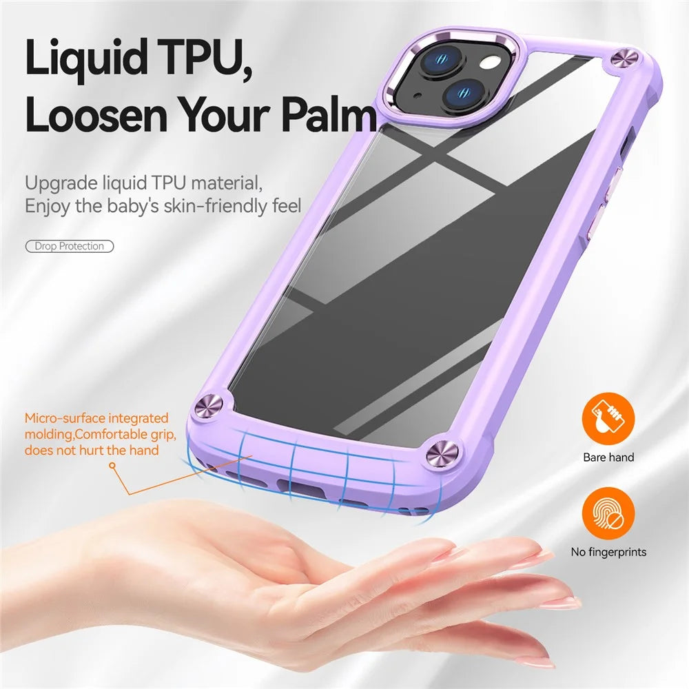 Aluminum Camera Protective Cover Phone Case for iPhone 13 6.1 inch, Four Corner Cushions PC+TPU Hybrid Transparent Phone Cover Case - Purple/Purple - 4