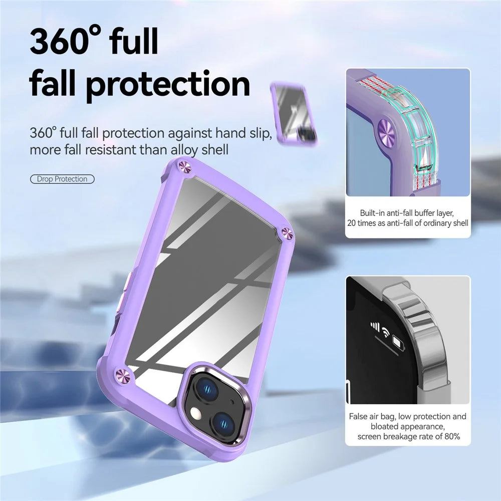 Aluminum Camera Protective Cover Phone Case for iPhone 13 6.1 inch, Four Corner Cushions PC+TPU Hybrid Transparent Phone Cover Case - Purple/Purple - 5
