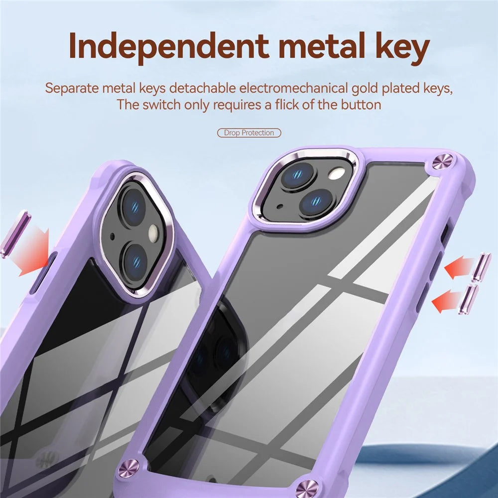 Aluminum Camera Protective Cover Phone Case for iPhone 13 6.1 inch, Four Corner Cushions PC+TPU Hybrid Transparent Phone Cover Case - Purple/Purple - 6