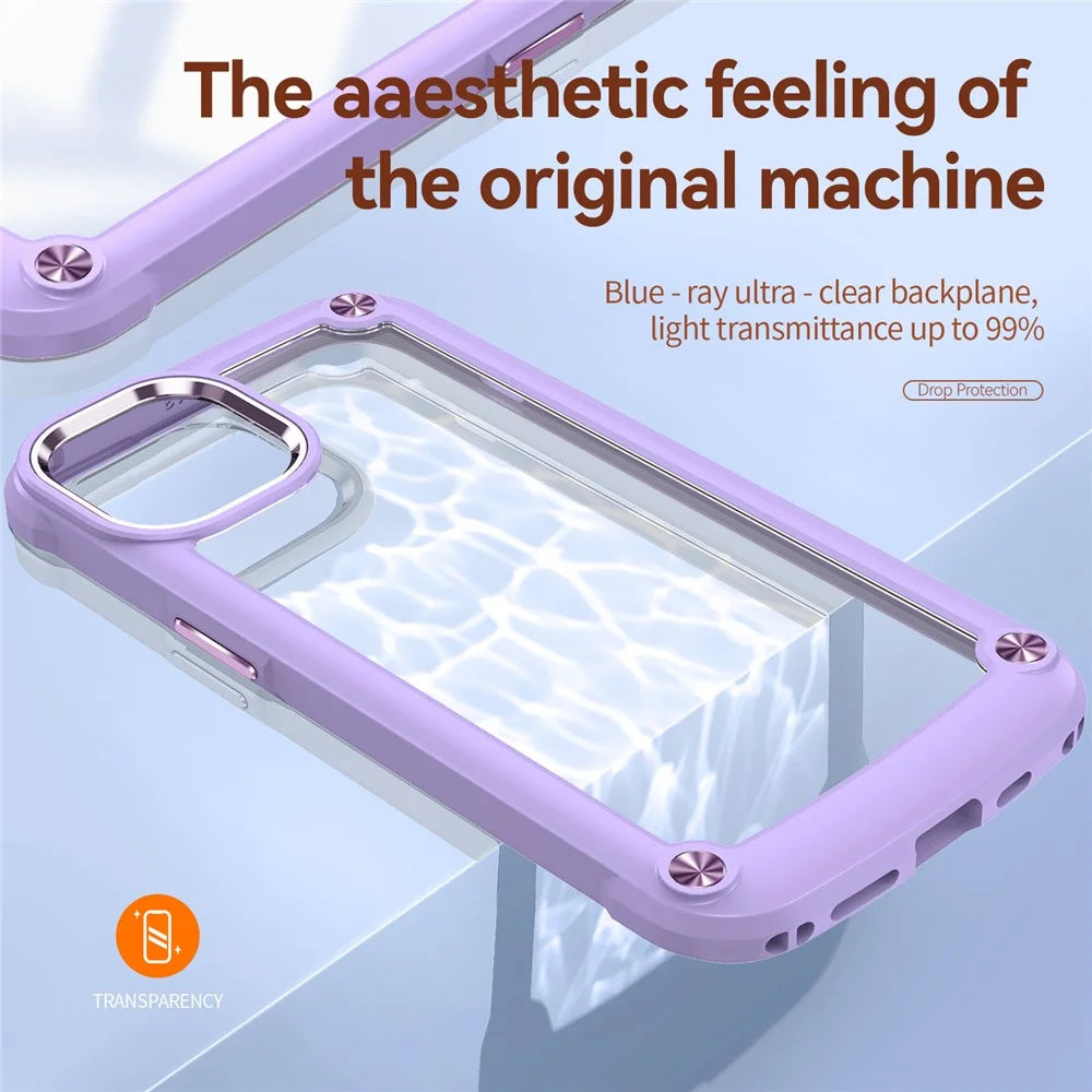 Aluminum Camera Protective Cover Phone Case for iPhone 13 6.1 inch, Four Corner Cushions PC+TPU Hybrid Transparent Phone Cover Case - Purple/Purple - 7