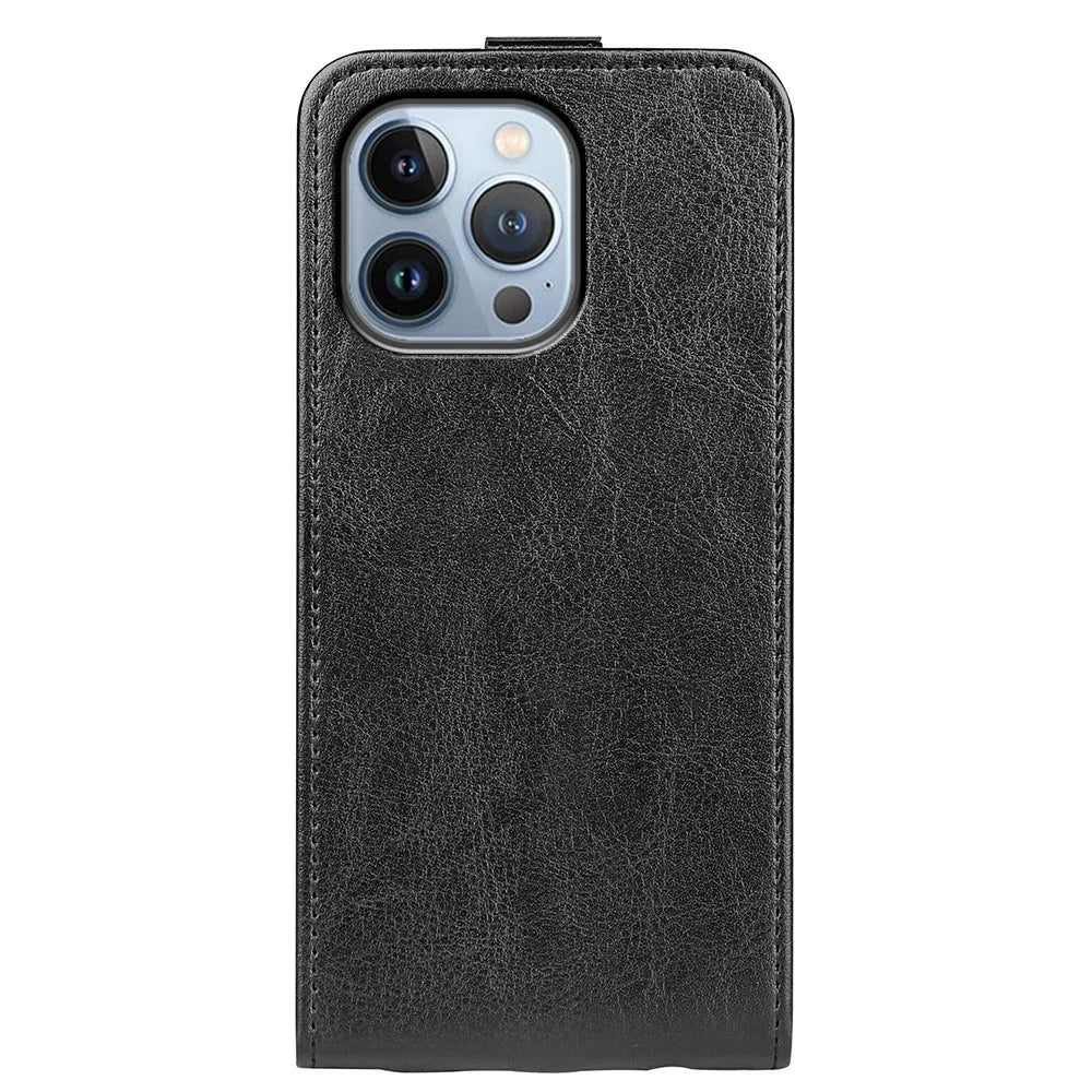 For iPhone 14 Pro Max 6.7 inch Vertical Flip Case Crazy Horse Texture PU Leather Magnetic Clasp Phone Cover with Card Holder - Black - 7