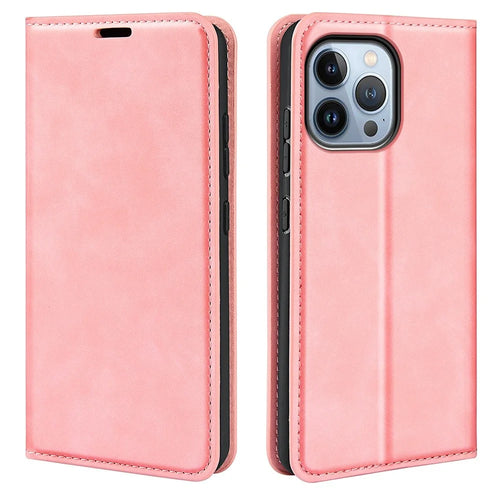 For iPhone 14 Pro Max 6.7 inch Soft Skin Feeling Leather Folio Book Flip Cover Horizontal Viewing Stand Magnetic Absorption Phone Case - Pink - 1