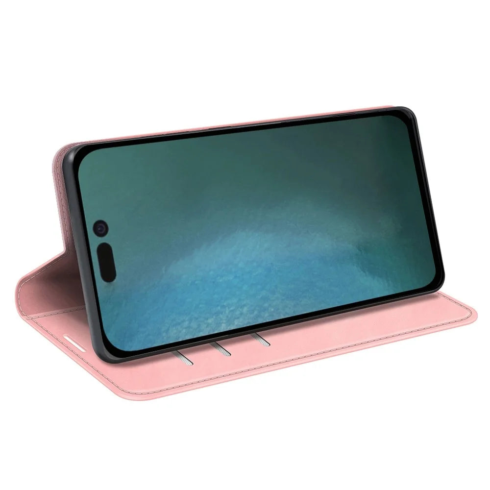 For iPhone 14 Pro Max 6.7 inch Soft Skin Feeling Leather Folio Book Flip Cover Horizontal Viewing Stand Magnetic Absorption Phone Case - Pink - 2