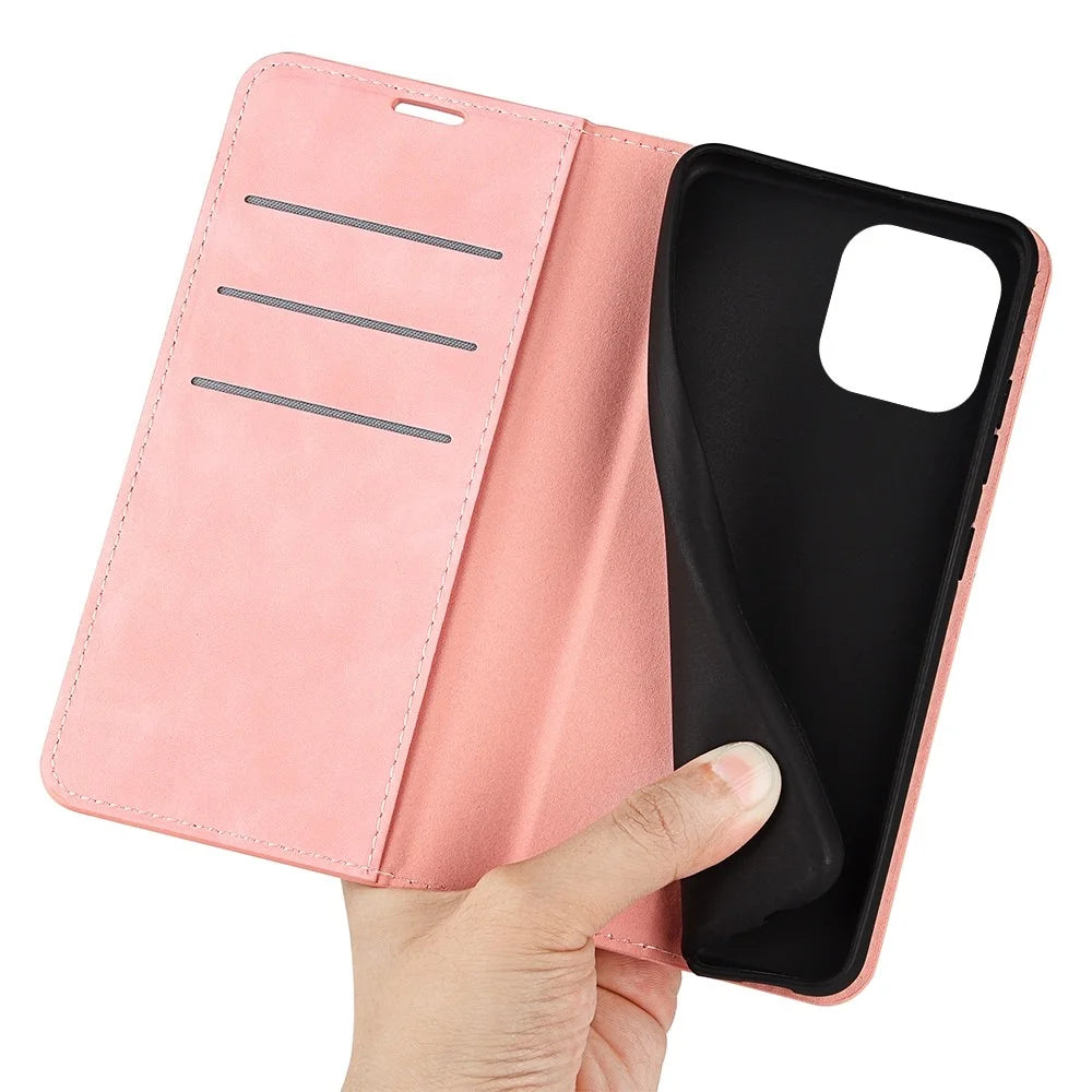 For iPhone 14 Pro Max 6.7 inch Soft Skin Feeling Leather Folio Book Flip Cover Horizontal Viewing Stand Magnetic Absorption Phone Case - Pink - 4