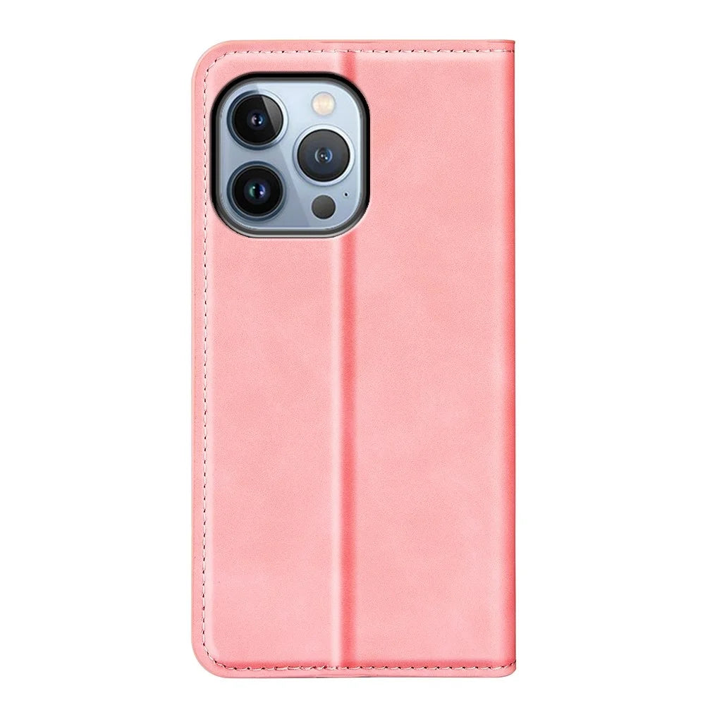 For iPhone 14 Pro Max 6.7 inch Soft Skin Feeling Leather Folio Book Flip Cover Horizontal Viewing Stand Magnetic Absorption Phone Case - Pink - 6