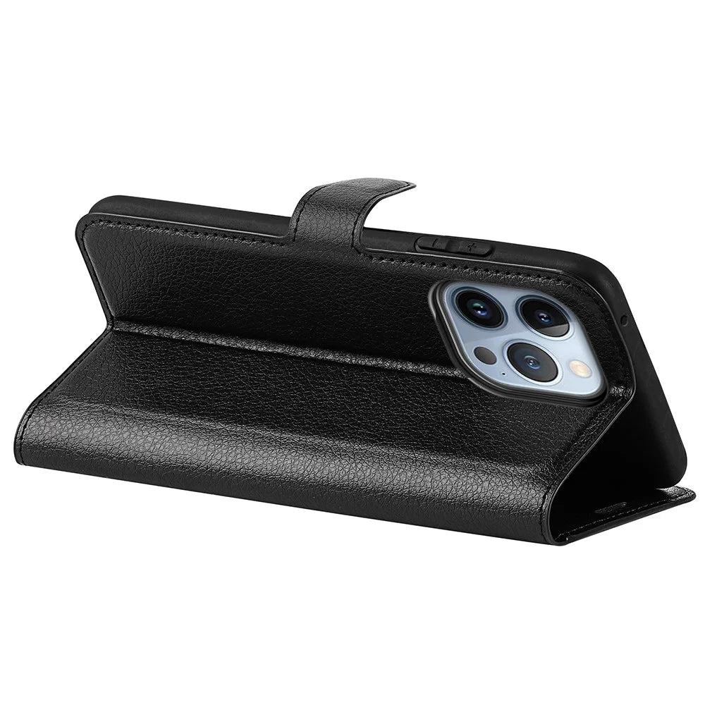 For iPhone 14 Pro 6.1 inch Litchi Texture PU Leather Stand Flip Cover Anti-Scratch Full Protective Wallet Phone Case - Black - 5
