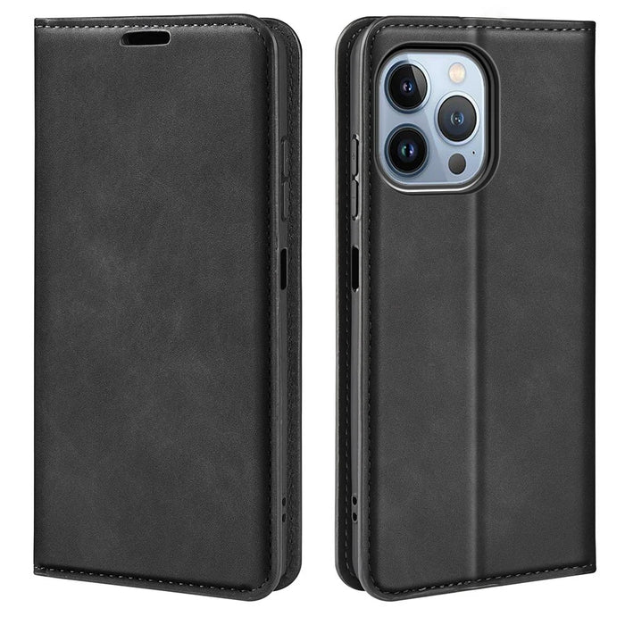 For iPhone 14 Pro 6.1 inch Soft Skin Feeling Leather Folio Book Flip Cover Horizontal Viewing Stand Magnetic Absorption Phone Case - Black - 1