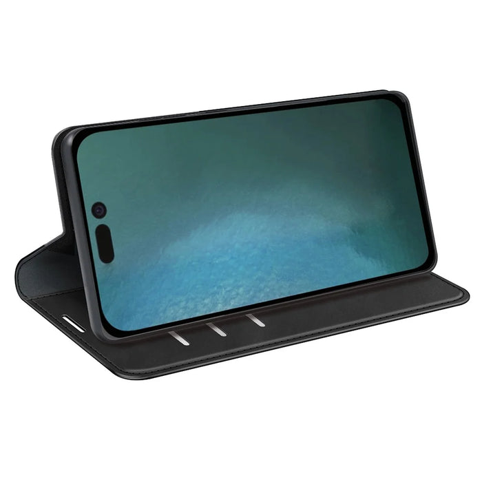For iPhone 14 Pro 6.1 inch Soft Skin Feeling Leather Folio Book Flip Cover Horizontal Viewing Stand Magnetic Absorption Phone Case - Black - 2