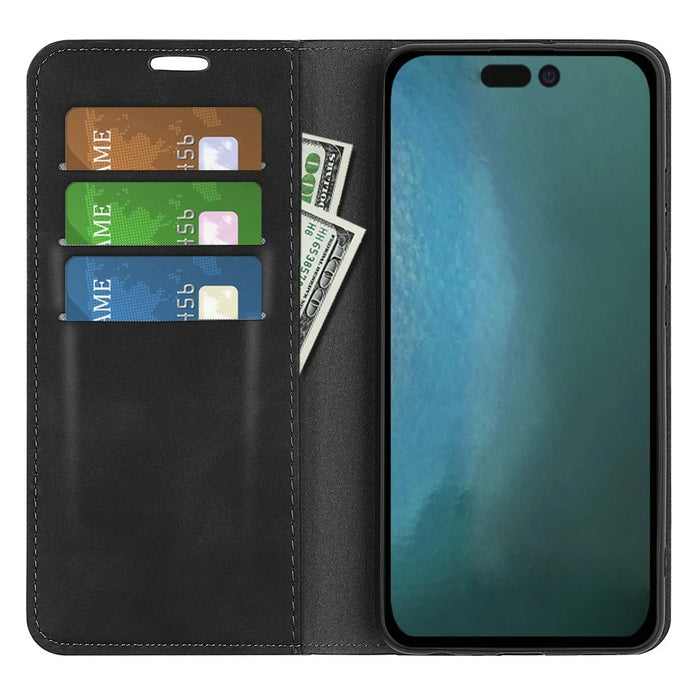 For iPhone 14 Pro 6.1 inch Soft Skin Feeling Leather Folio Book Flip Cover Horizontal Viewing Stand Magnetic Absorption Phone Case - Black - 3