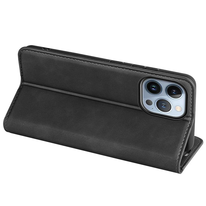 For iPhone 14 Pro 6.1 inch Soft Skin Feeling Leather Folio Book Flip Cover Horizontal Viewing Stand Magnetic Absorption Phone Case - Black - 5