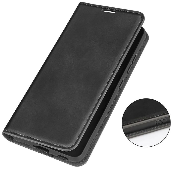 For iPhone 14 Pro 6.1 inch Soft Skin Feeling Leather Folio Book Flip Cover Horizontal Viewing Stand Magnetic Absorption Phone Case - Black - 7