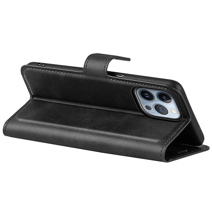For iPhone 14 Pro 6.1 inch Anti-fall Textured PU Leather Phone Case Magnetic Closing Phone Protector with Wallet Stand - Black - 5