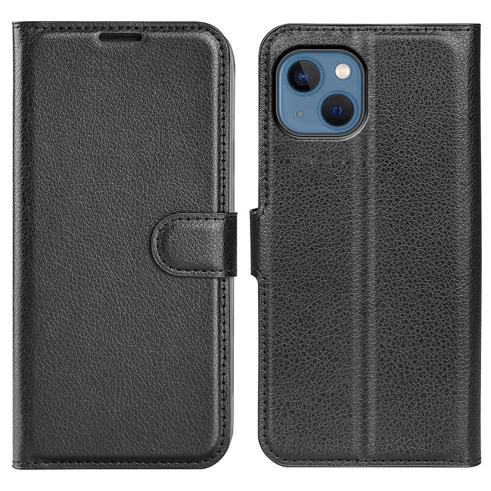 For iPhone 14 6.1 inch PU Leather Wallet Phone Case Litchi Texture Stand All-inclusive Protection Shell - Black - 1