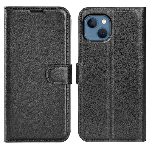 For iPhone 14 6.1 inch PU Leather Wallet Phone Case Litchi Texture Stand All-inclusive Protection Shell - Black - 1