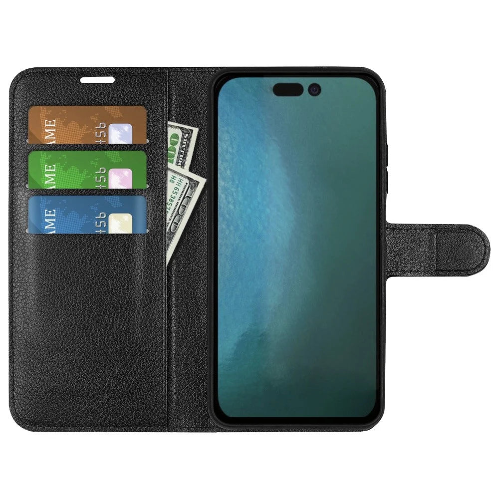 For iPhone 14 6.1 inch PU Leather Wallet Phone Case Litchi Texture Stand All-inclusive Protection Shell - Black - 3