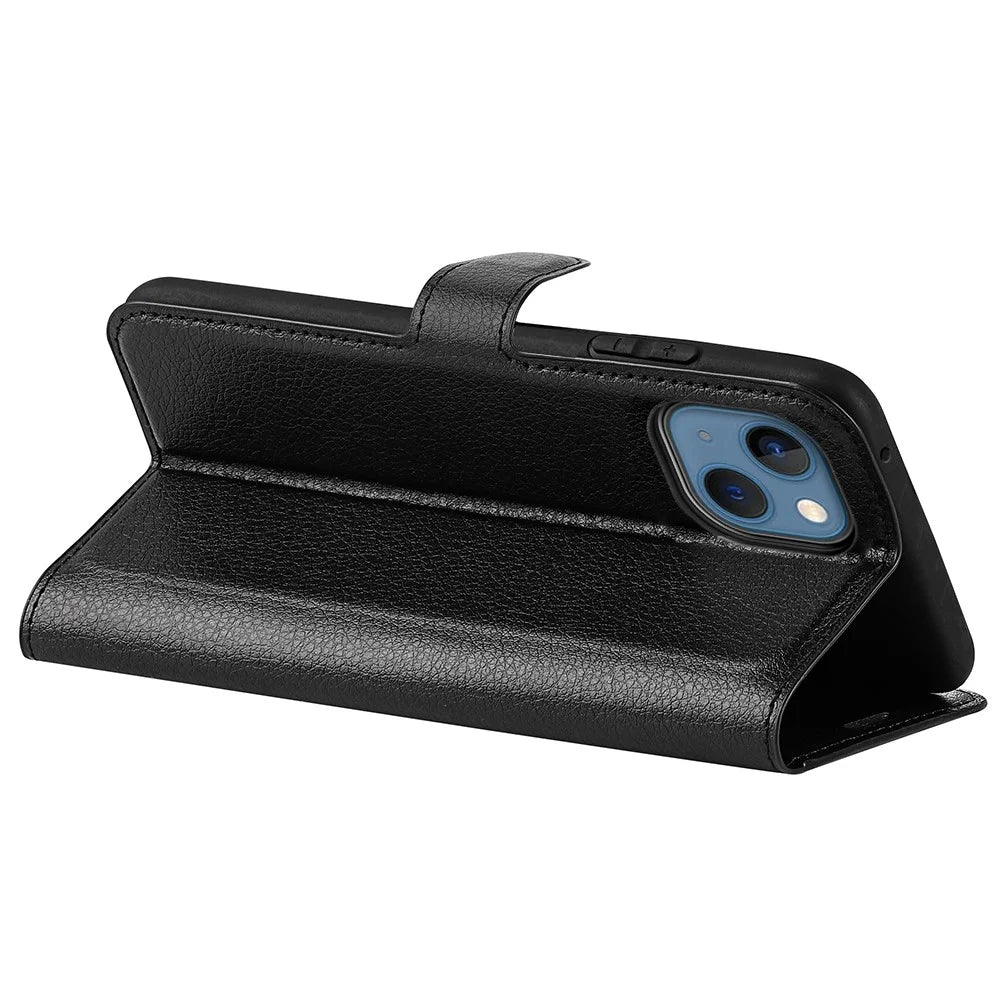 For iPhone 14 6.1 inch PU Leather Wallet Phone Case Litchi Texture Stand All-inclusive Protection Shell - Black - 5