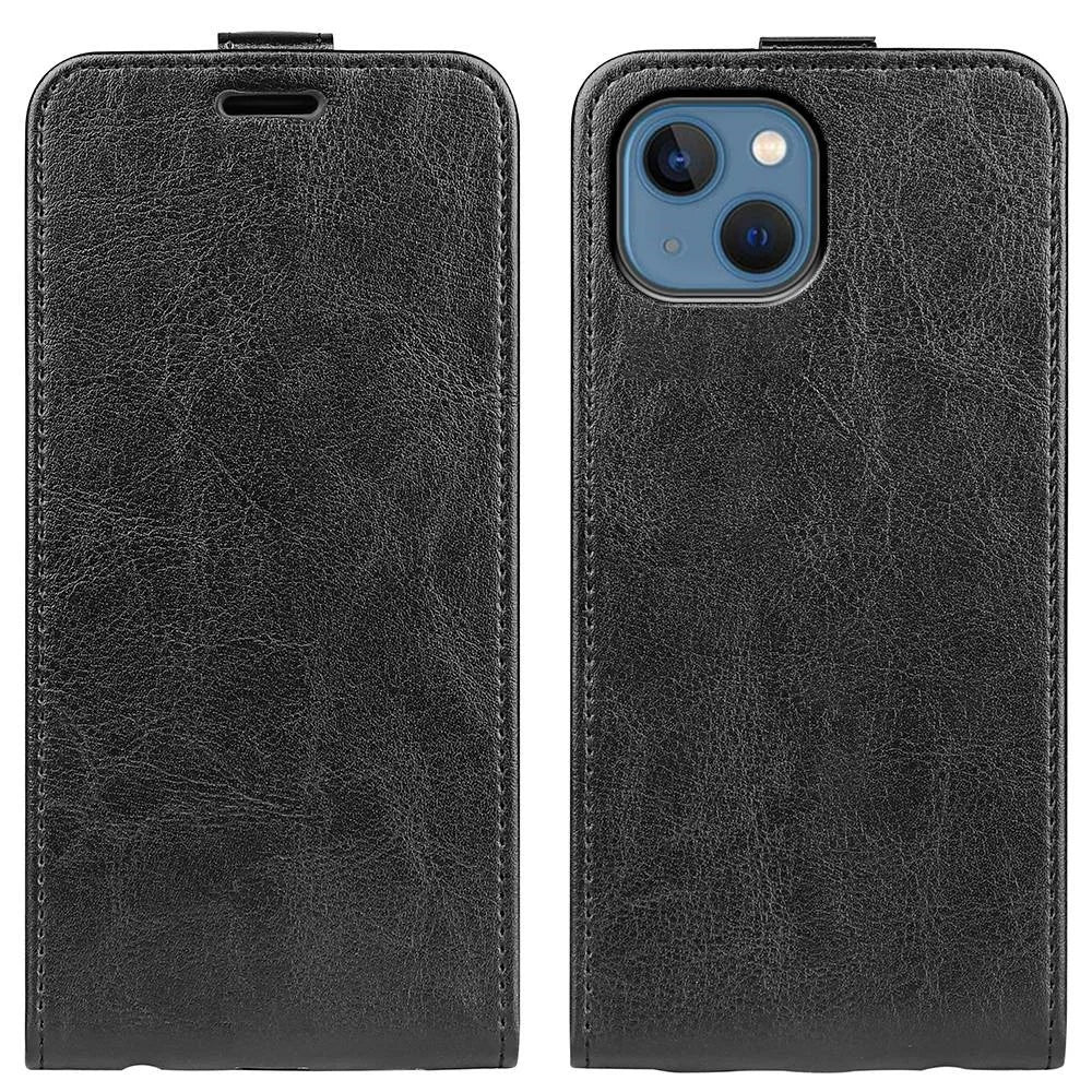 For iPhone 14 6.1 inch Vertical Flip Shockproof Shell Crazy Horse Texture PU Leather Mobile Phone Case with Card Holder - Black - 1