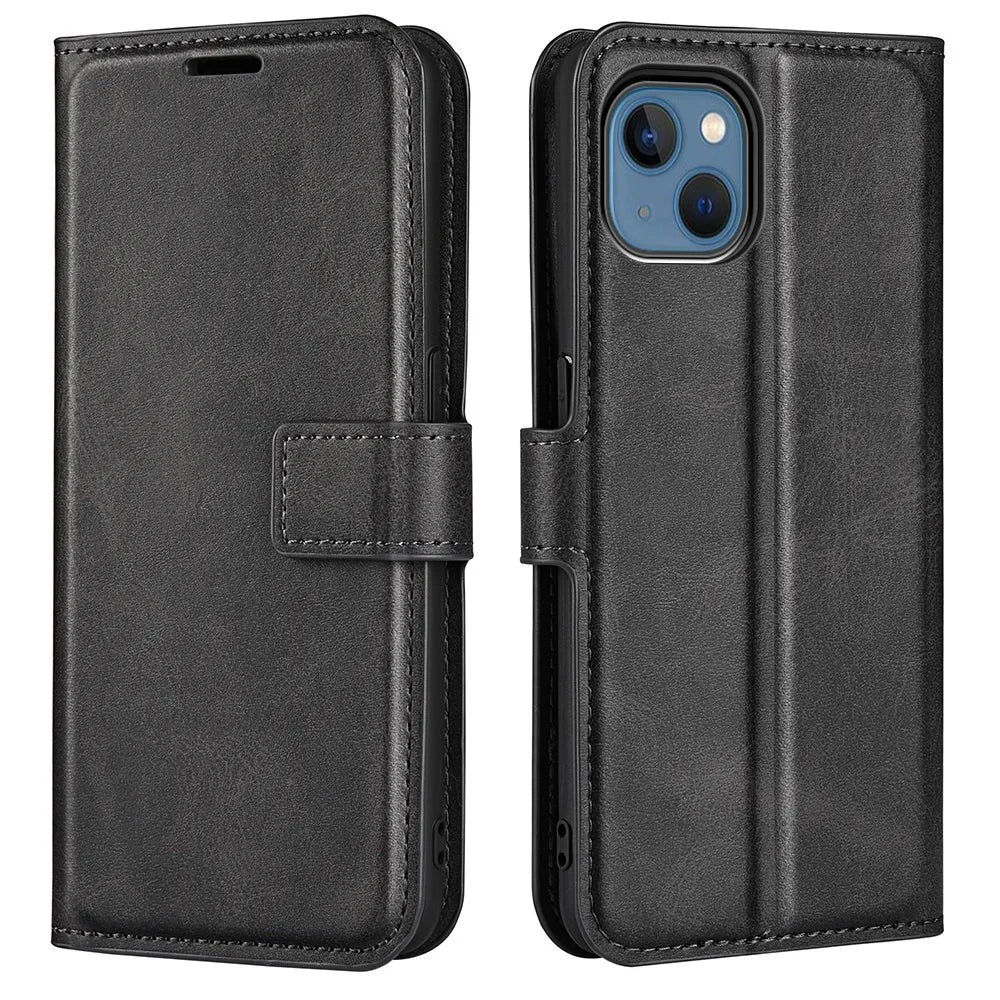 For iPhone 14 6.1 inch Wear-resistant Textured PU Leather Cell Phone Case Magnetic Phone Protector with Wallet Stand - Black - 1