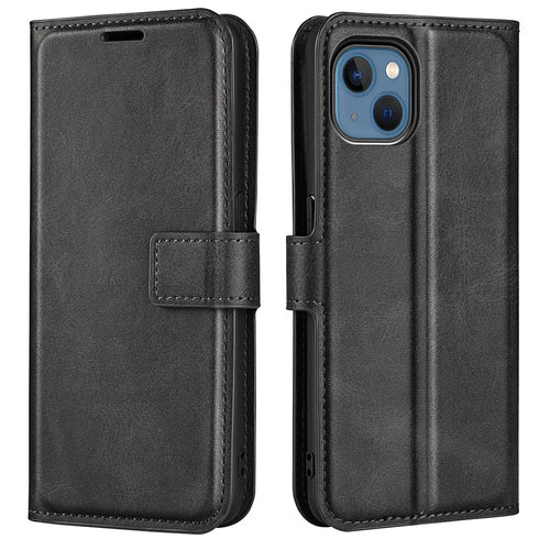 For iPhone 14 6.1 inch Wear-resistant Textured PU Leather Cell Phone Case Magnetic Phone Protector with Wallet Stand - Black - 1
