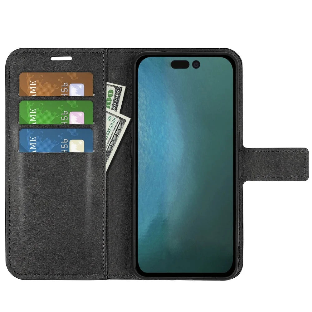 For iPhone 14 6.1 inch Wear-resistant Textured PU Leather Cell Phone Case Magnetic Phone Protector with Wallet Stand - Black - 3