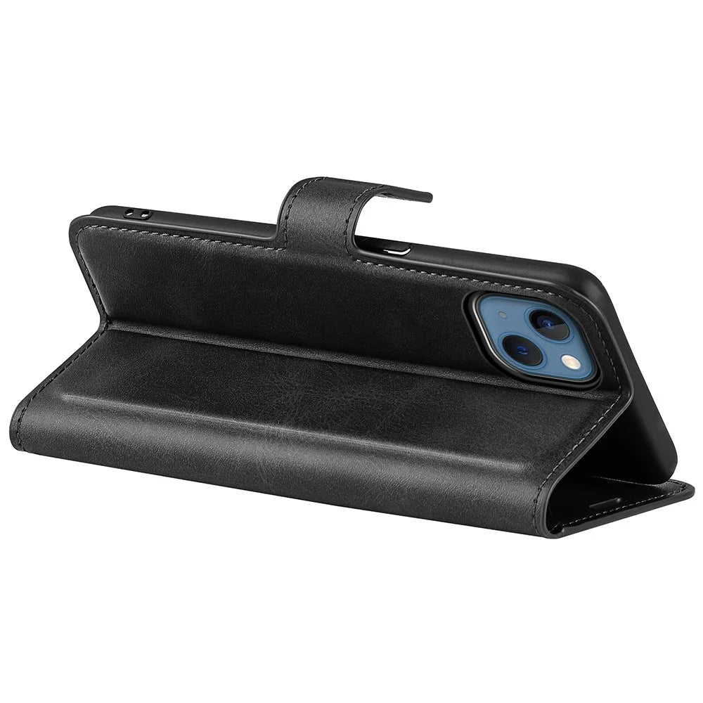 For iPhone 14 6.1 inch Wear-resistant Textured PU Leather Cell Phone Case Magnetic Phone Protector with Wallet Stand - Black - 5