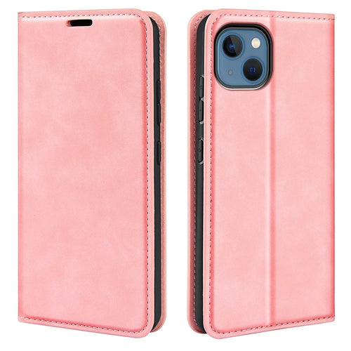 For iPhone 14 6.1 inch Skin-touch Feeling Leather Wallet Case Magnetic Auto Closing Stand TPU Shockproof Interior Cover - Pink - 1