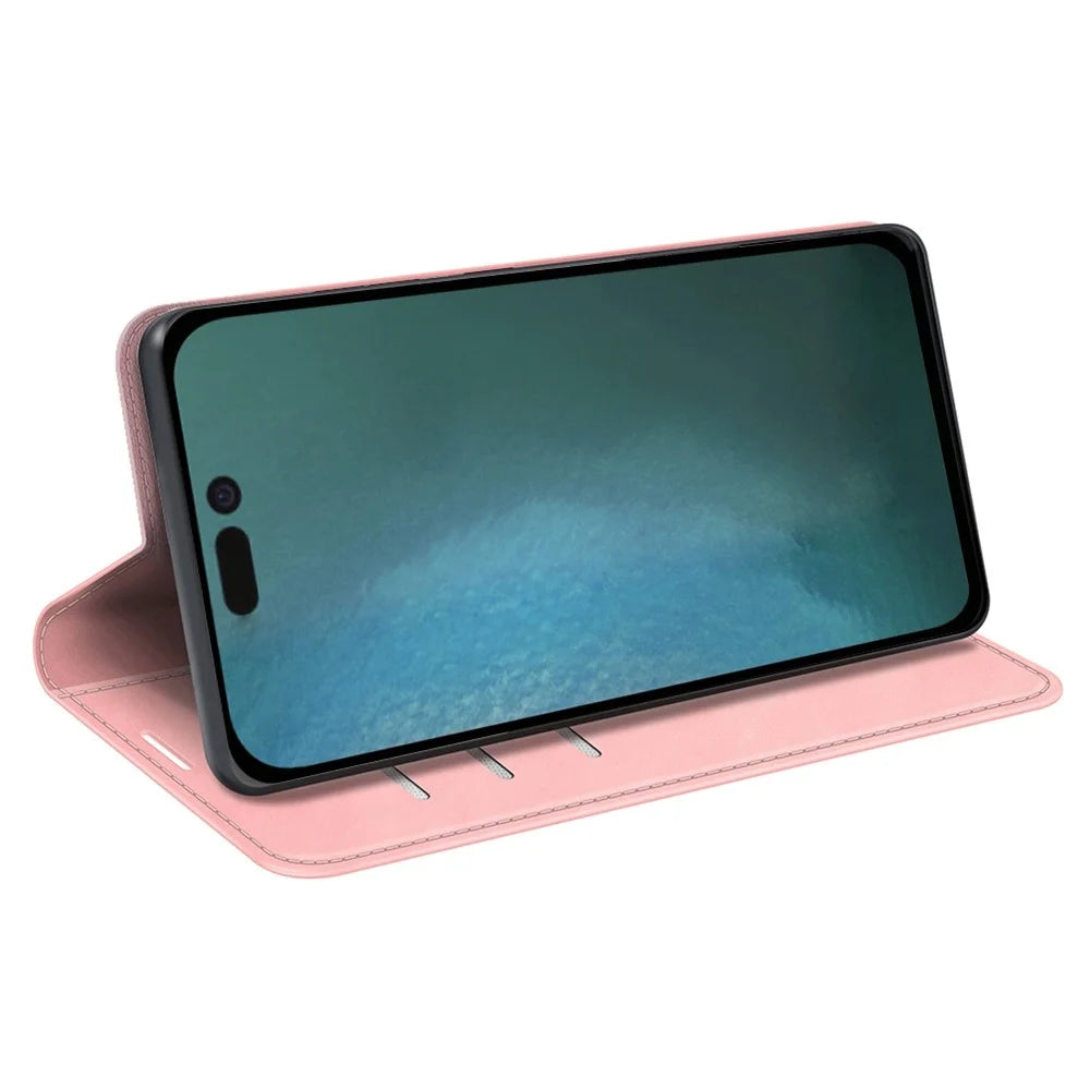 For iPhone 14 6.1 inch Skin-touch Feeling Leather Wallet Case Magnetic Auto Closing Stand TPU Shockproof Interior Cover - Pink - 2