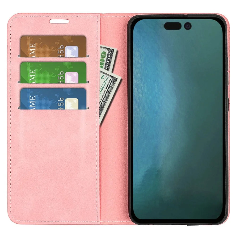 For iPhone 14 6.1 inch Skin-touch Feeling Leather Wallet Case Magnetic Auto Closing Stand TPU Shockproof Interior Cover - Pink - 3