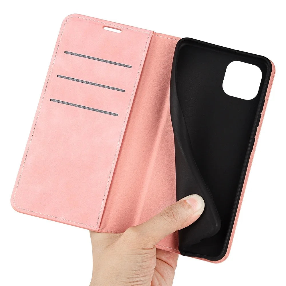 For iPhone 14 6.1 inch Skin-touch Feeling Leather Wallet Case Magnetic Auto Closing Stand TPU Shockproof Interior Cover - Pink - 4