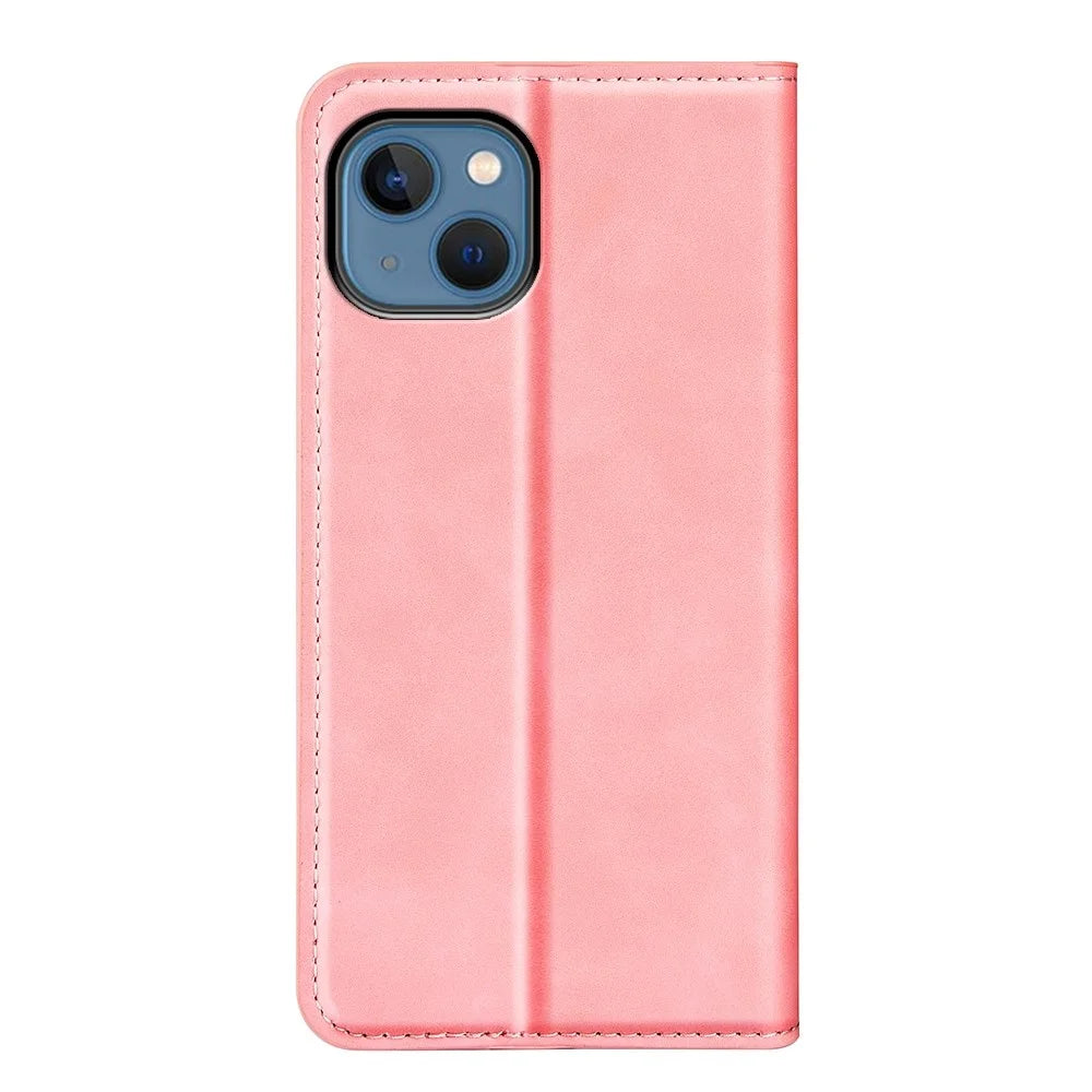 For iPhone 14 6.1 inch Skin-touch Feeling Leather Wallet Case Magnetic Auto Closing Stand TPU Shockproof Interior Cover - Pink - 6