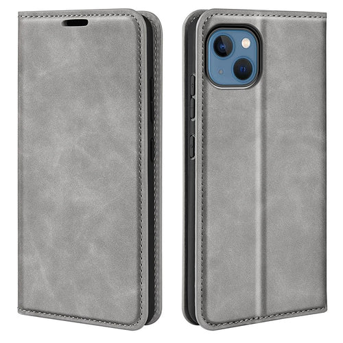 For iPhone 14 Plus 6.7 inch Skin Touch Feeling Folio Flip Leather Case Mobile Phone Stand Wallet Protective Cover - Grey - 1