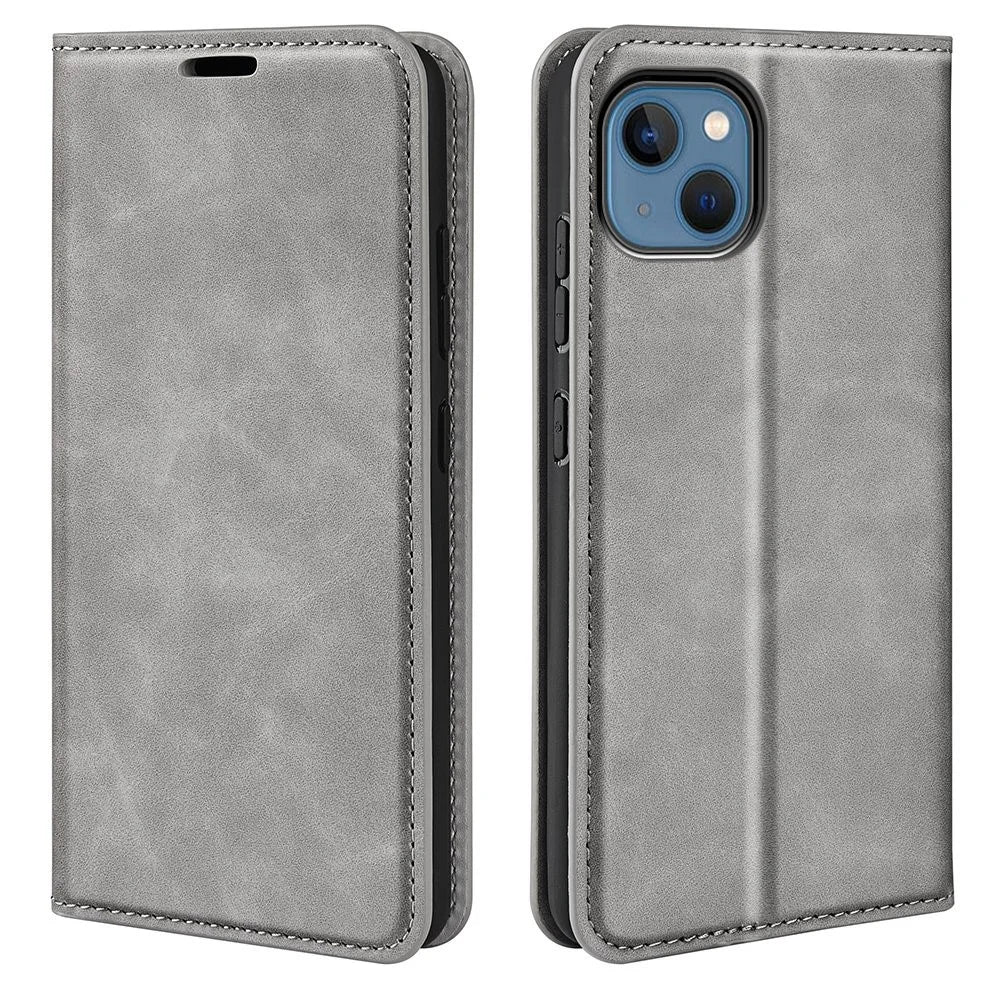 For iPhone 14 Plus 6.7 inch Skin Touch Feeling Folio Flip Leather Case Mobile Phone Stand Wallet Protective Cover - Grey - 1