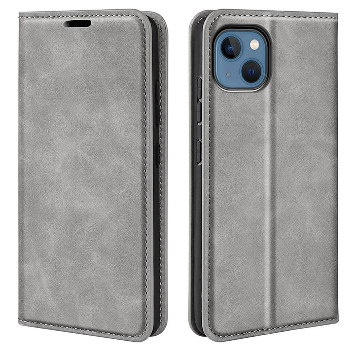 For iPhone 14 Plus 6.7 inch Skin Touch Feeling Folio Flip Leather Case Mobile Phone Stand Wallet Protective Cover - Grey - 1