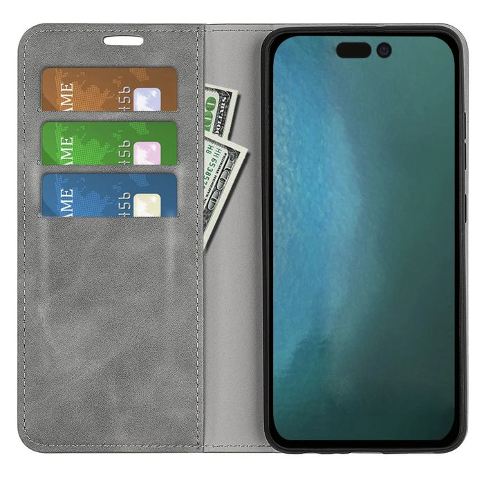 For iPhone 14 Plus 6.7 inch Skin Touch Feeling Folio Flip Leather Case Mobile Phone Stand Wallet Protective Cover - Grey - 2