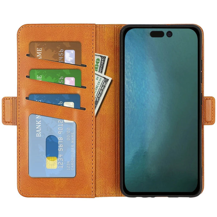For iPhone 14 Plus 6.7 inch Double Magnetic Clasp Textured Leather Case Stand Wallet Drop-proof Phone Cover - Yellow - 2