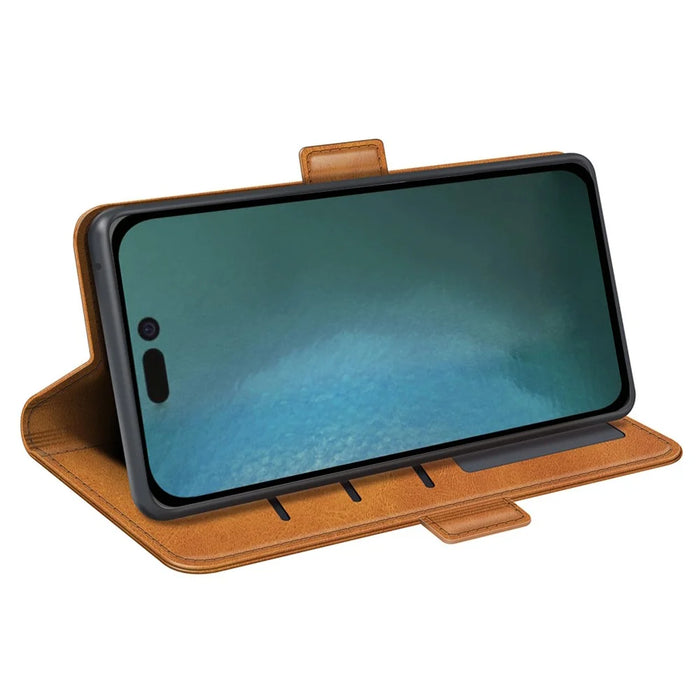 For iPhone 14 Plus 6.7 inch Double Magnetic Clasp Textured Leather Case Stand Wallet Drop-proof Phone Cover - Yellow - 3