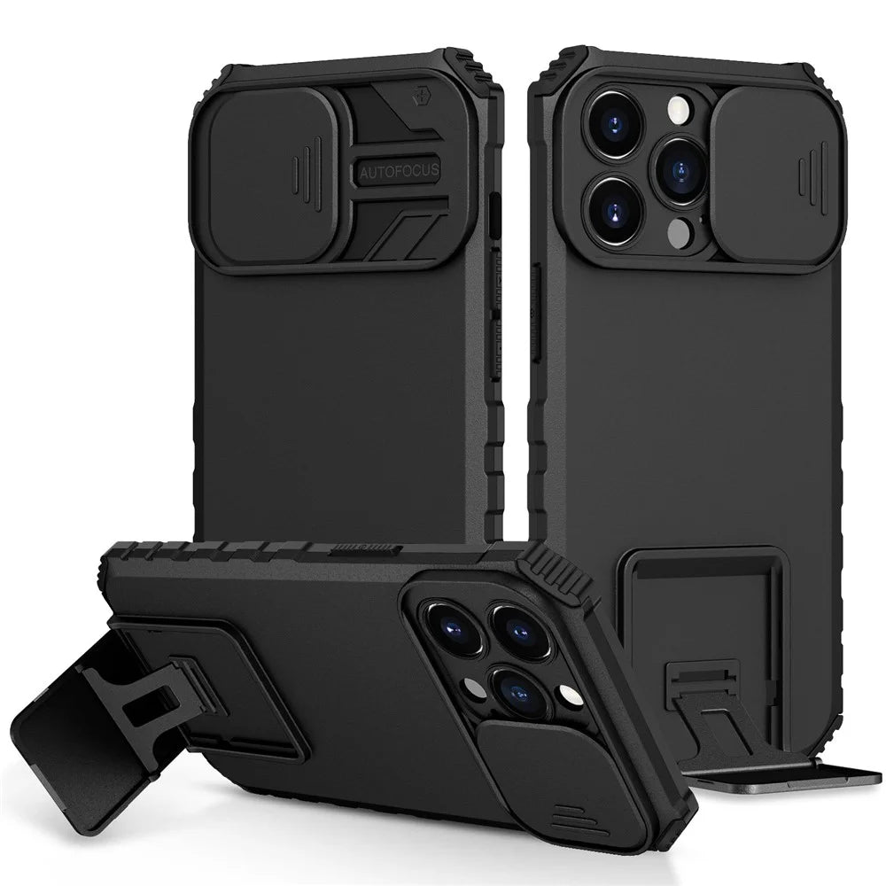 For iPhone 13 Pro 6.1 inch Camera Slider Design Adjustable Vertical Kickstand Phone Case PC + TPU Protective Cover - Black - 1