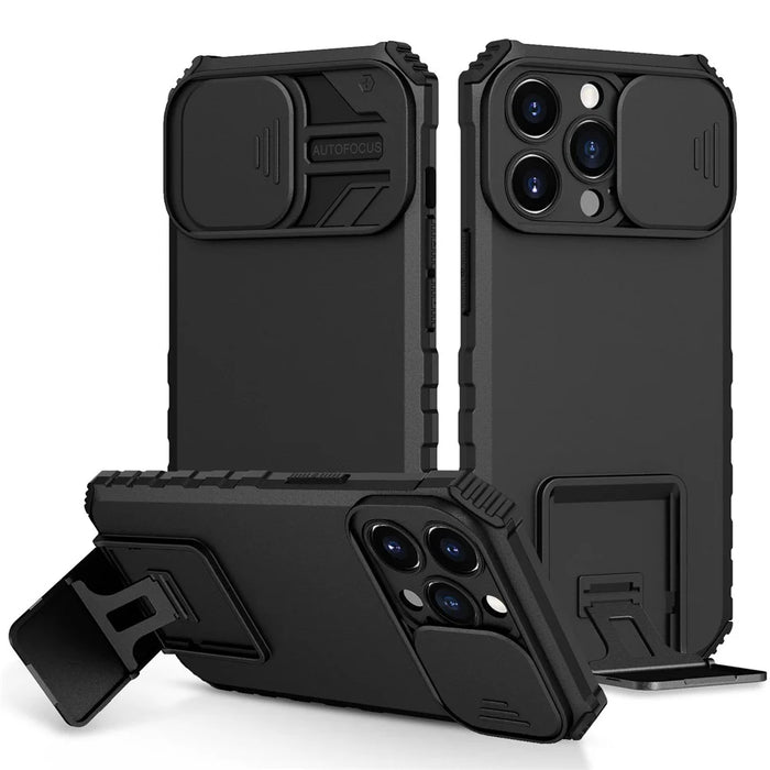 For iPhone 13 Pro 6.1 inch Camera Slider Design Adjustable Vertical Kickstand Phone Case PC + TPU Protective Cover - Black - 1