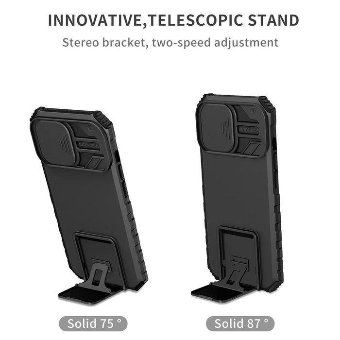 For iPhone 13 Pro 6.1 inch Camera Slider Design Adjustable Vertical Kickstand Phone Case PC + TPU Protective Cover - Black - 2