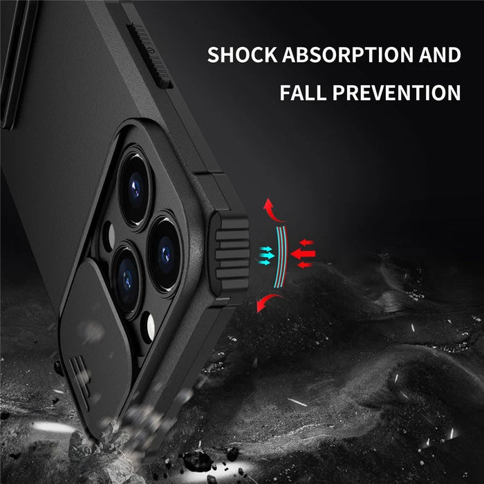 For iPhone 13 Pro 6.1 inch Camera Slider Design Adjustable Vertical Kickstand Phone Case PC + TPU Protective Cover - Black - 4