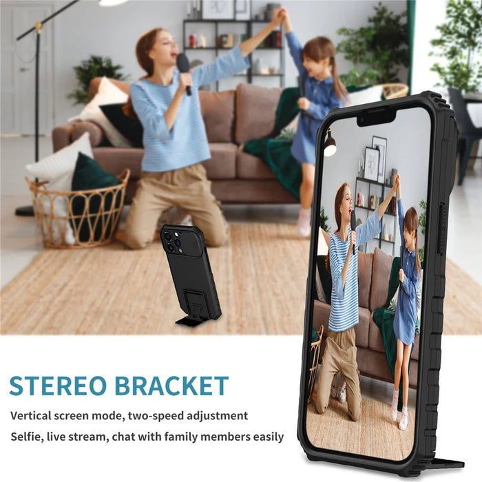 For iPhone 13 Pro 6.1 inch Camera Slider Design Adjustable Vertical Kickstand Phone Case PC + TPU Protective Cover - Black - 6