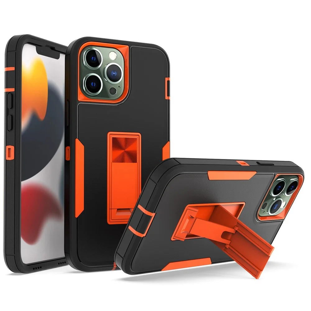 For iPhone 13 Pro Max 6.7 inch Back Shell, Impact Resistant PC + TPU Hybrid Phone Cover with Integrated Kickstand Car Mount Metal Sheet Case - Black/Orange - 1